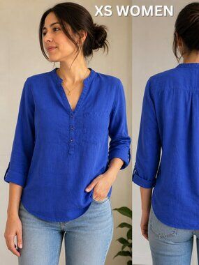 Zara Cobalt Blue Blouse Split Neck Long Sleeve Pocket Lightweight Top Women XS